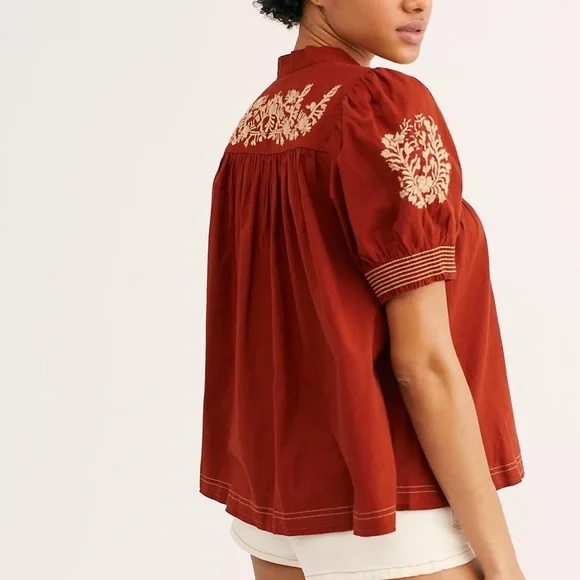 Free People Dreaming About You Baby Doll Blouse Embroidered Boho Size Small - Picture 3 of 13